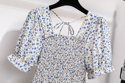 Summer Pleated Women Chiffon Dresses Casual Beach Holiday Short Sleeve Square Co