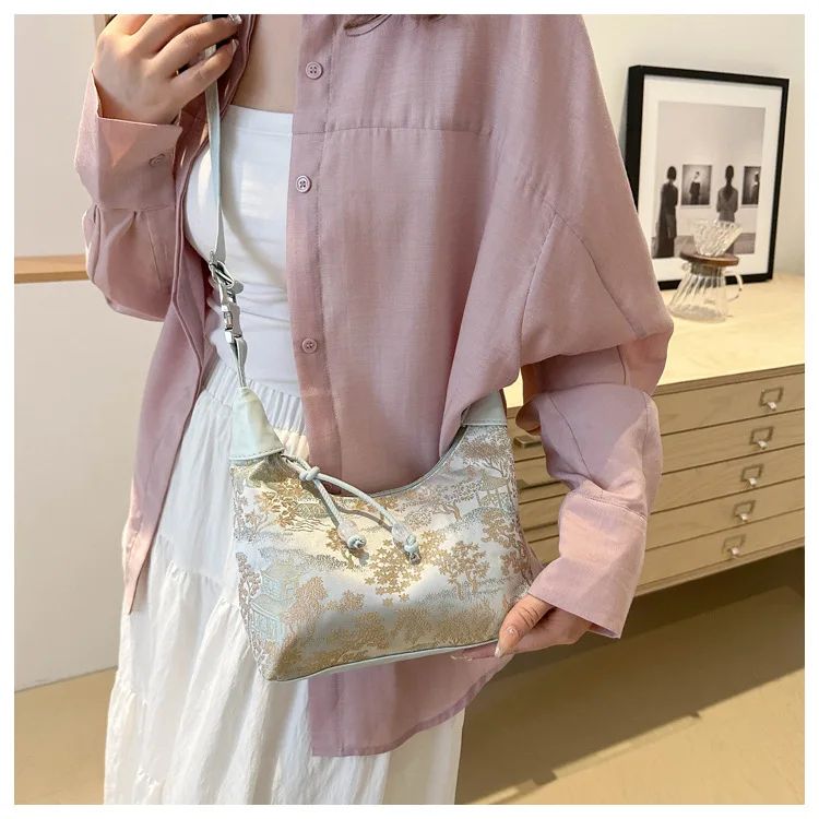 Sweet Embroidery Shoulder Bag Nylon Texture Pearl Pendant Crossbody Bag Small Bucket Handbag Women Canvas Luxury Cheongsam Bag