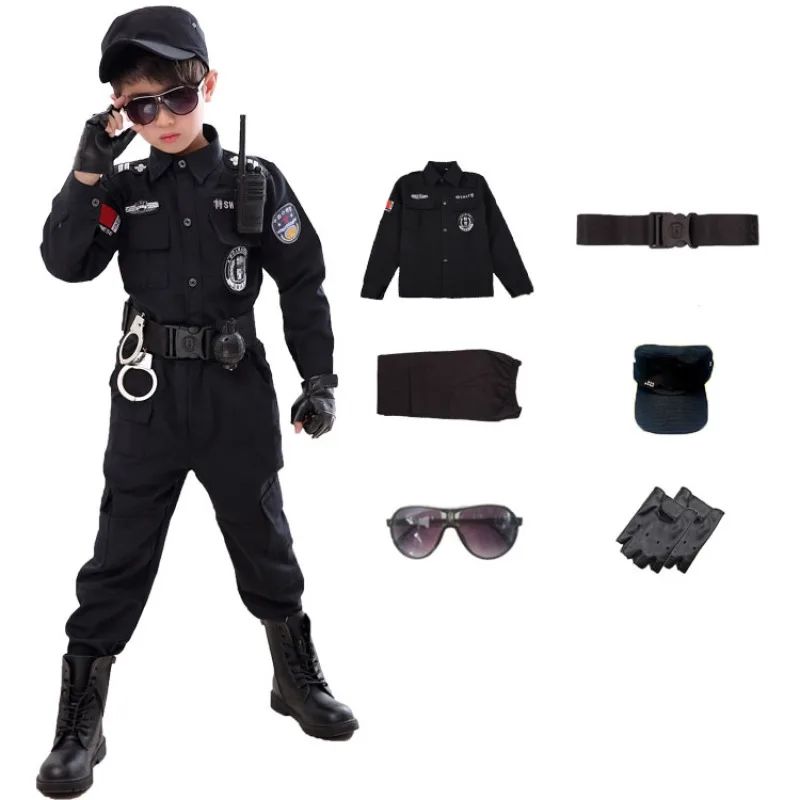 Swat Children Halloween Police Officer Cosplay Costumes Kids Carnival Police Uniform 110-160Cm Boys Army Police Officers Soldier