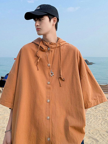 Gmiixder Hooded Short-sleeved Shirts for Men Women Japan Summer Trend Cityboy Solid Blouse Unisex Cargo Button Up Shirt Jacket