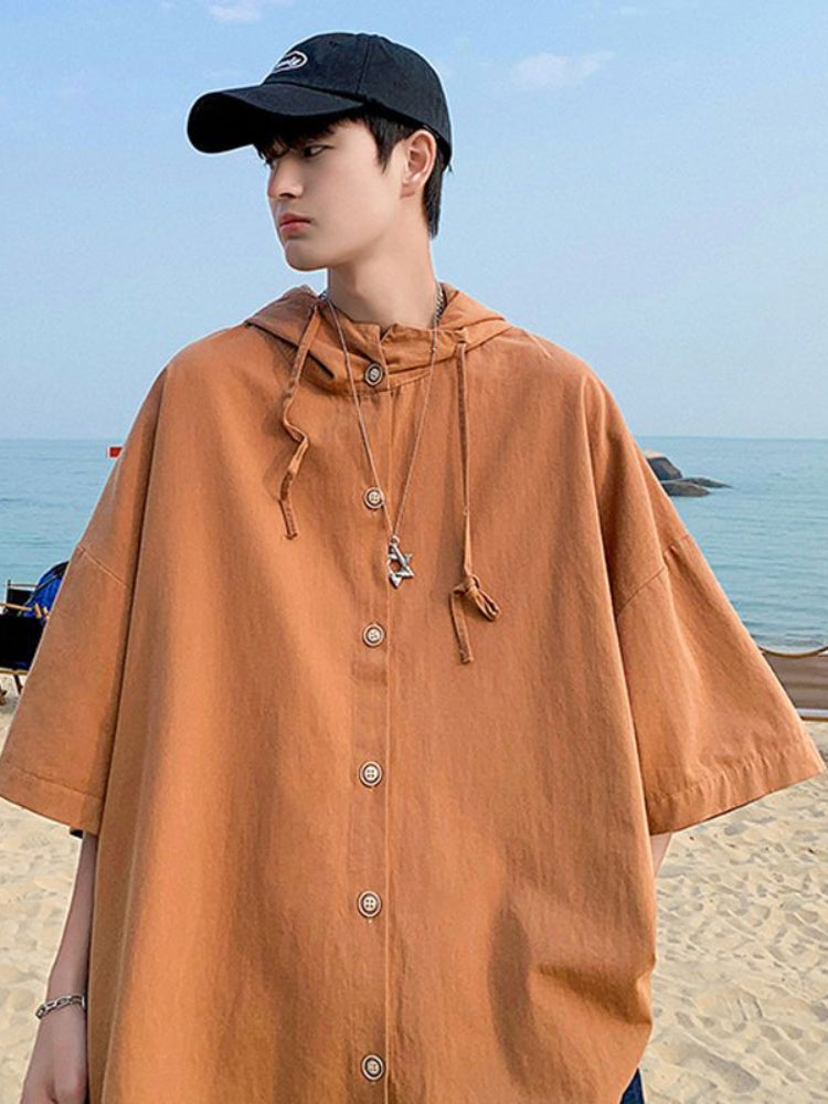 Gmiixder Hooded Short-sleeved Shirts for Men Women Japan Summer Trend Cityboy Solid Blouse Unisex Cargo Button Up Shirt Jacket