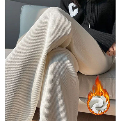 Winter Lady Korean Fashion High Waist Fleece Pants Women Slim Fit Straight Leg Plush Trousers Girls Snow Warm Casual Pants