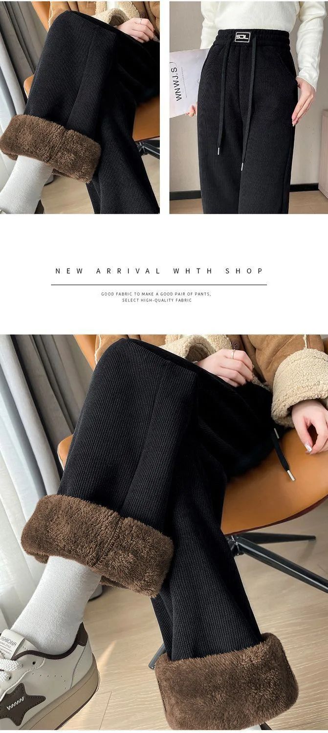 Thickened Fleece Lamb Velvet Large Size Corduroy Wide Leg Casual Straight Leg Pants Women Autumn Winter Special Thick Shiny Casu