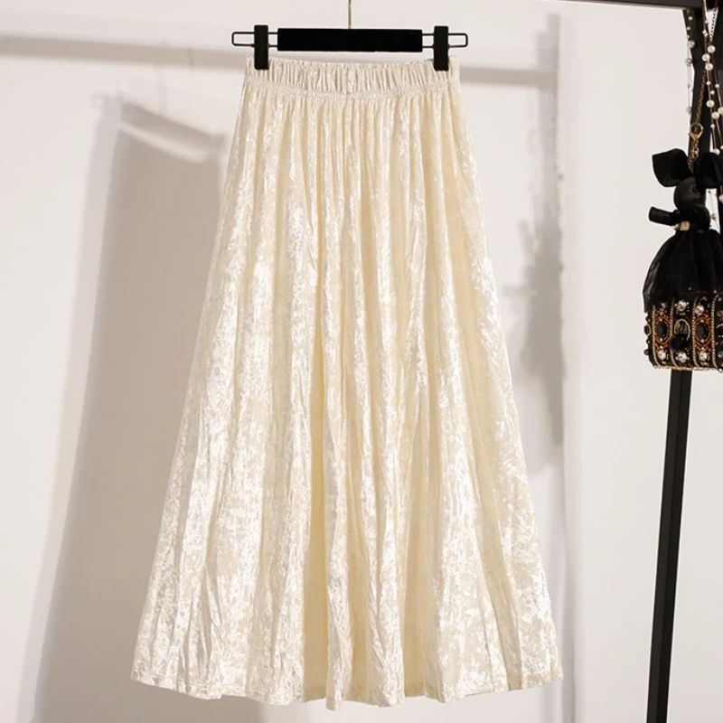 Autumn Winter Girls New A-line Velvet Skirt 2025 Plus Size Gold Velvet Half Pleated Skirt Solid Versatile High Waist Mid Skirt