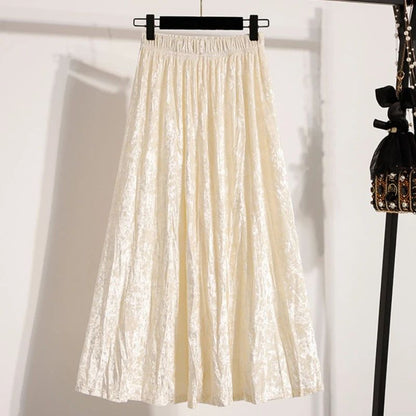 Autumn Winter Girls New A-line Velvet Skirt 2025 Plus Size Gold Velvet Half Pleated Skirt Solid Versatile High Waist Mid Skirt