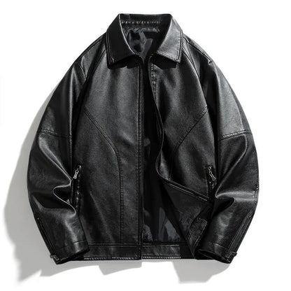 Men Coat Zipper Solid Jackets Long Sleeve Cardigan Leather Outerwear Loose Pockets High Street 2025 Spliced Faux Leather