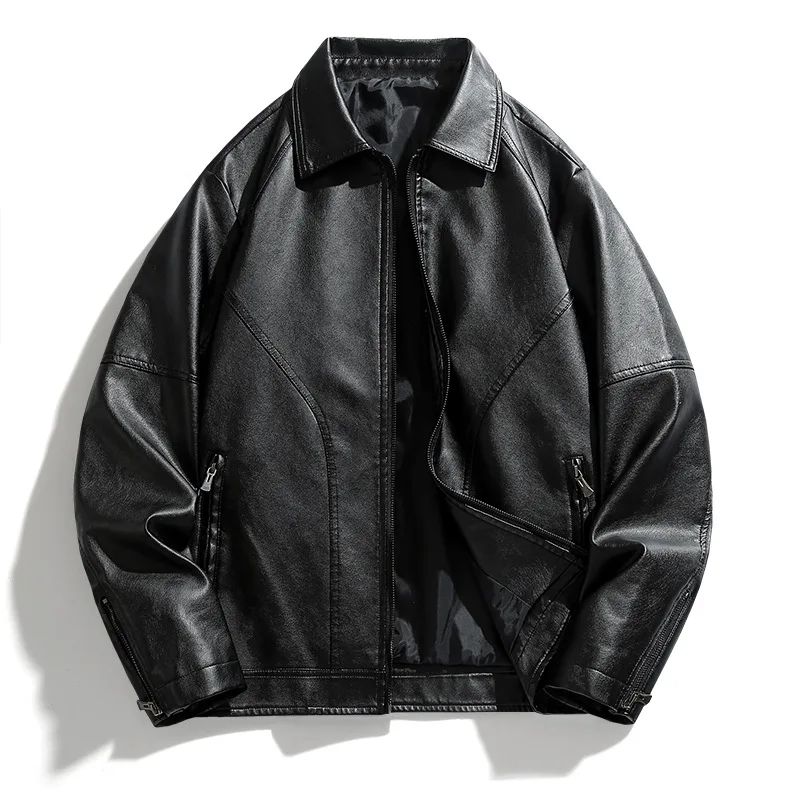 Men Coat Zipper Solid Jackets Long Sleeve Cardigan Leather Outerwear Loose Pockets High Street 2025 Spliced Faux Leather