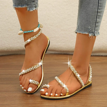 Women Flat Sandals Pearl Decoration 2025 New Summer Leather Beach Sand Holiday Shoes for Woman Sandalias De Mujer