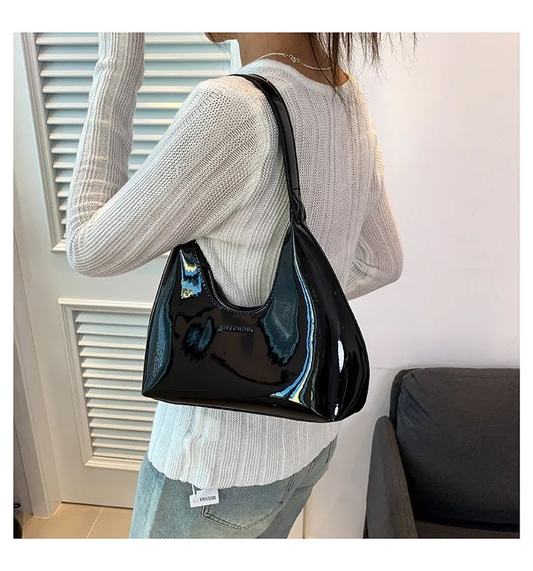 Trendy Designer Solid Shoulder Bags for Women Handbags and Purses 2024 New Fashion Patent Leather Underarm Ladies Tote Bags