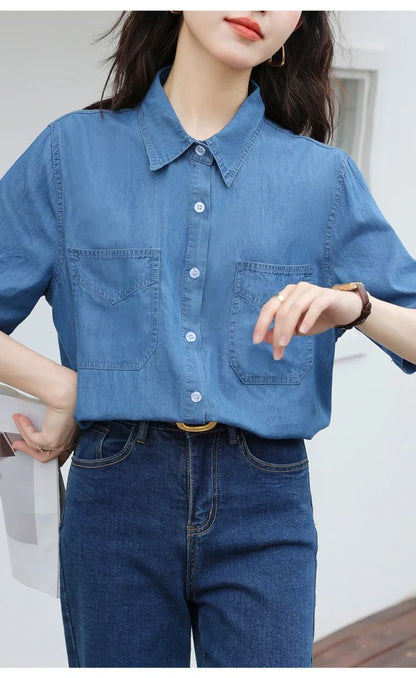 Vintageblueshort Sleeves Thin Denim Shirt 2024 Summer New Casual Loose-Fit Hong Kong Style Petite Top For Women