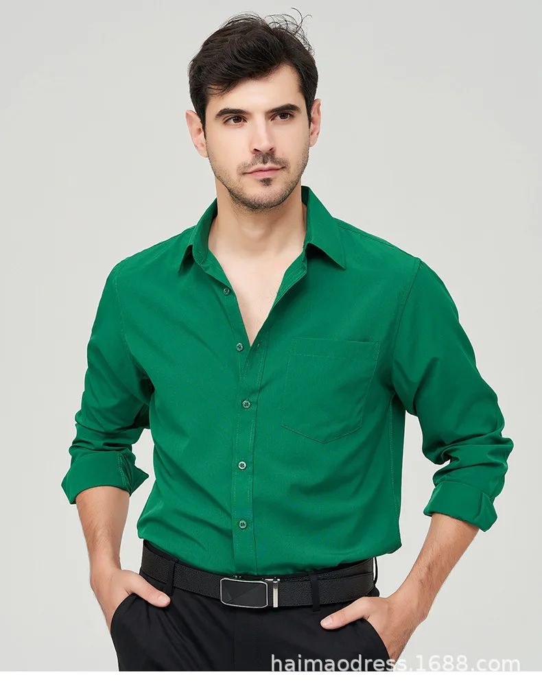 Iron-Free Long Sleeve Silk Smooth Drapey Wedding Shirt for Men Summer Business Formal Wine Red Large Size Men's Clothing