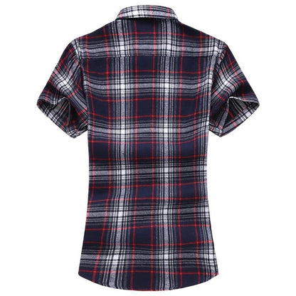 2025 new red summer men's shirts short-sleeved plaid fat big yards youth casual shirt.