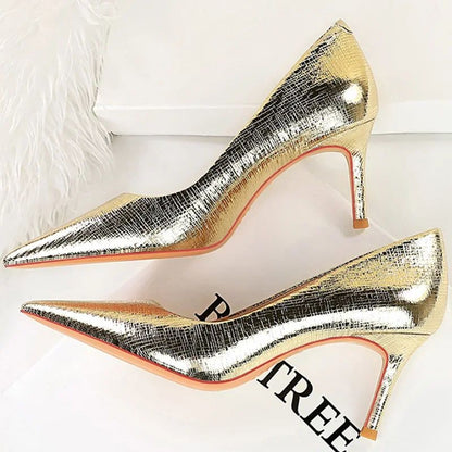 Spring Autumn New Women 7cm High Heels Fashion Retro Holiday Party Pumps Lady Gold Silver Daily Office Pointed Toe Low Heels