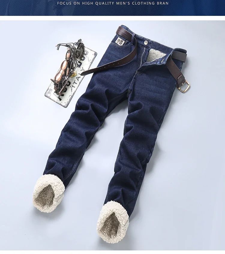 Men's Wool Velvet Jeans Winter Fleece Thickened Business Casual Straight Denim Pants Soft Cozy Thermal Stretch Trousers Male
