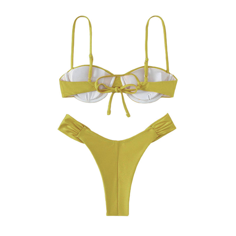 Women Padded Bikini Set Solid Color Pleated Sleeveless Bra+ Shorts Briefs Bikini For Women