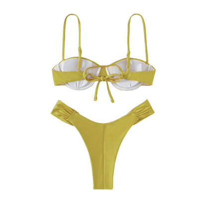 Women Padded Bikini Set Solid Color Pleated Sleeveless Bra+ Shorts Briefs Bikini For Women