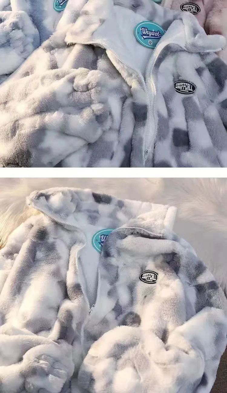 2025 Women's Tie Dye Lamb Fleece Jacket Autumn Winter Zipper Outerwear Warm Plush Harajuku Casual Loose Female Thick Coat