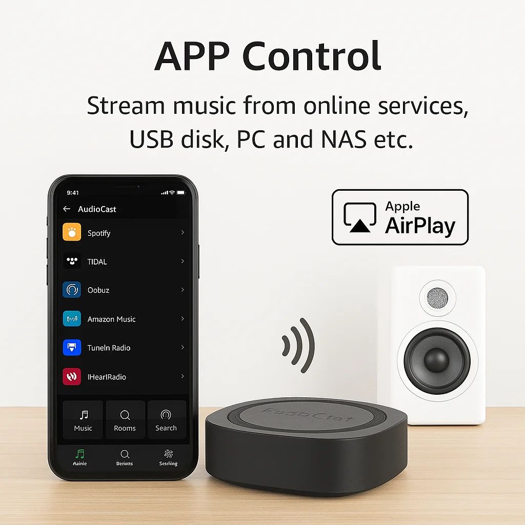 Audiocast Amp50 wireless WiFi & Bluetooth 5 amplifier audio receiver lossless multi room airplay, DLNA, UPnP tidal