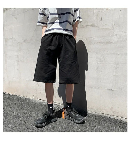Summer New Y2K Solid Color Cotton Loose Men's Sports Pants Shorts Street Wear Simple Drawstring Straight Casual Shorts Male