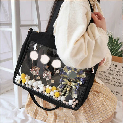 Japanese Big Ita Bag Black with Insert Cute Clear Women Double Straps Girls Kawaii Transparent Shoulder Bag Purses and Handbags