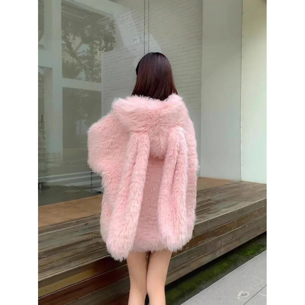 Women's Loose Thickened Lamb Fur Jacket Autumn Winter New Style Cute Rabbit Ear Design Soft Plush Coat Warm Casual Outerwear