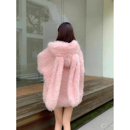 Women's Loose Thickened Lamb Fur Jacket Autumn Winter New Style Cute Rabbit Ear Design Soft Plush Coat Warm Casual Outerwear
