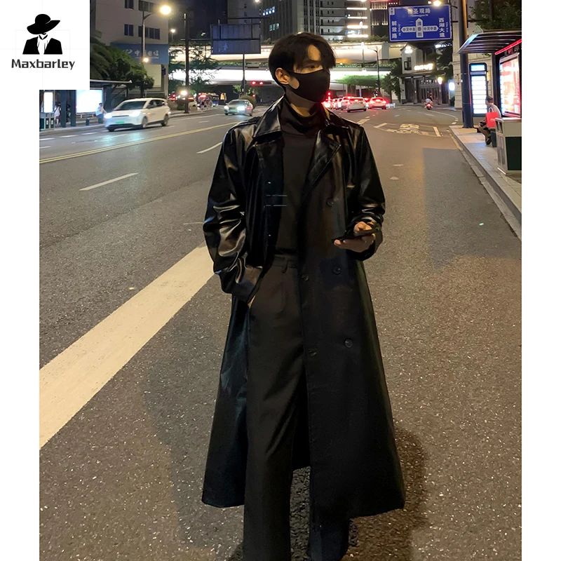 Autumn Trench Coat Men's High-end Luxury Double Row PU Leather Coat Male Long Korean Style Windbreaker Motorcycle Leather Jacket