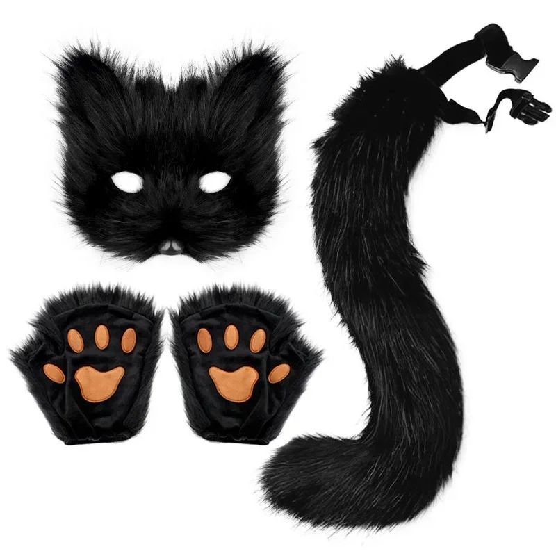 Costume Set Fox Tail Ears Gloves Artificial Fur Boot Covers Cosplay Halloween Prop Adult Women Men Unisex