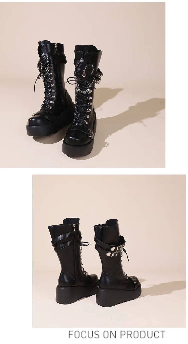 Platform Boots Riveted Buckle Wedges High Women's Boots Punk Spice Chic Biker Rider Boots
