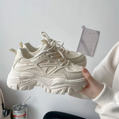 Novos Sapatos Esportivos de Plataforma para Mulheres 2024 Mulheres primavera outono Tênis Casuais Robustos Pretos Sapatos de Plataforma em Malha e Couro para Mulheres