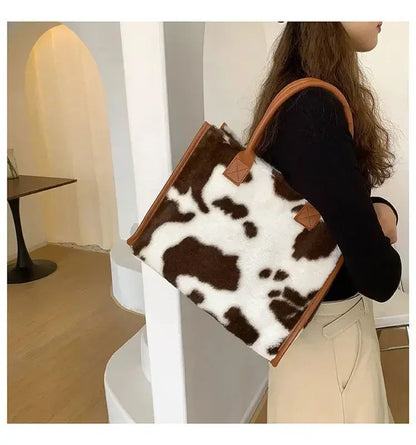 New Women Soft Plush Hand Bag New Winter Leopard Cow Print Tote Bags Female Pu Leather Underarm Bags Furry Fluffy Shoulder Bag