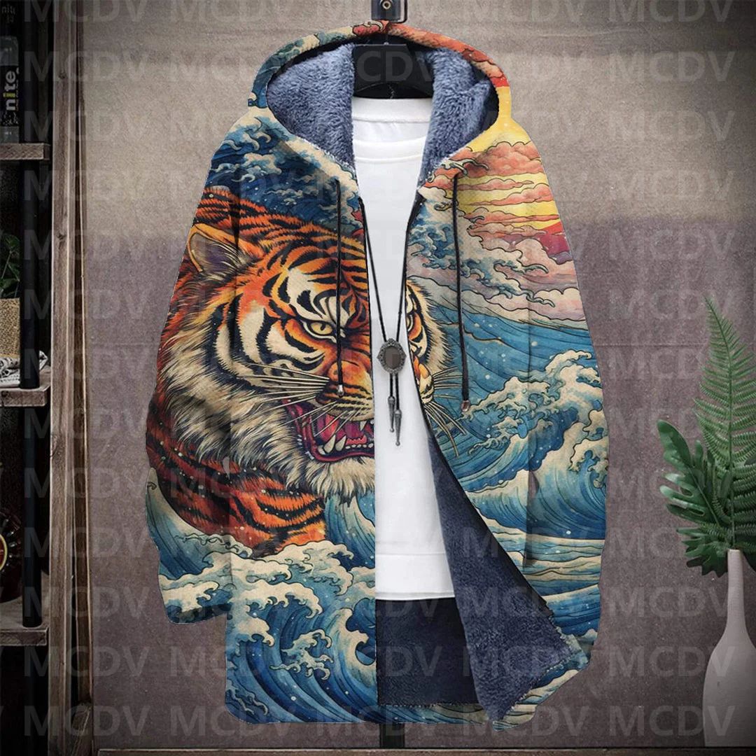 Men's Retro Print Plush Thick Long-Sleeved Coat Cardigan Tiger 3D Prined Fleece Hooded Overcoat Unisex Thick Warm Jacket