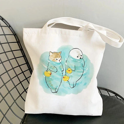 Kawaii Cats Manga Cartoon Reusable Tote Bag Women's High Capacity Versatile Canvas Shoulder Bag, Beach Shopper Handbag