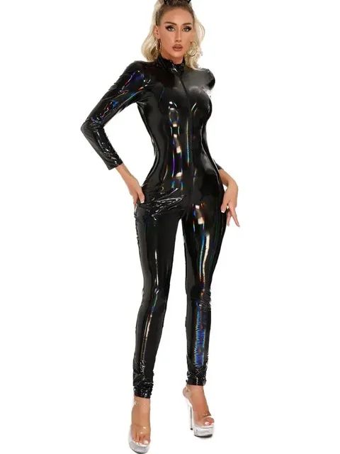 Unisex Laser Natte Look Pvc Catsuit Glanzend Pu Lederen Rits Open Kruis Bodysuit Panty Cosplay Leotard Sexy Jumpsuit