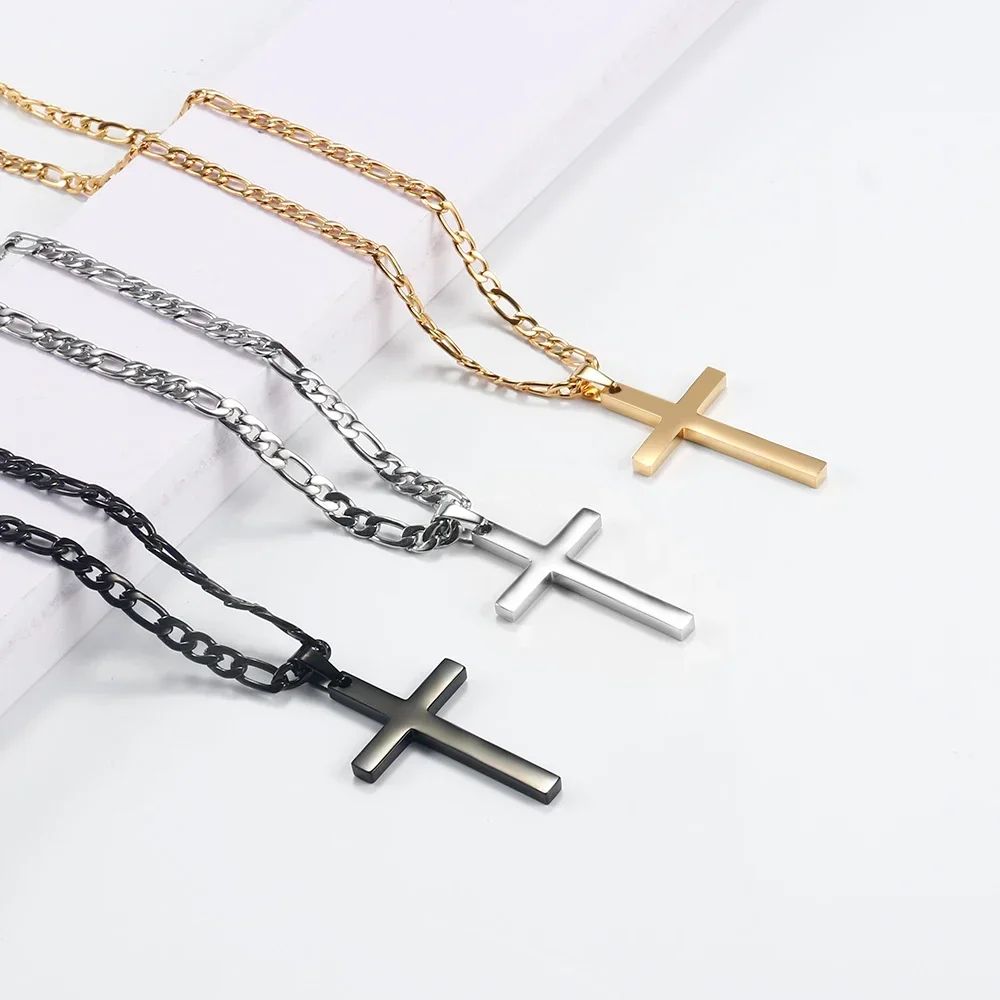 Colar de Aço Inoxidável 316L com Corrente Figaro para Homens e Mulheres, Pingente de Cruz Dourado/Prateado, Colares à Prova D'água, Joias da Moda