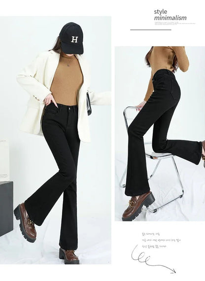 2024 Winter Fleece Women's Flare Pants Retro Slim High Waist Elastic Cotton Thick Warm Denim Pants Fashion Korean Female Clothes