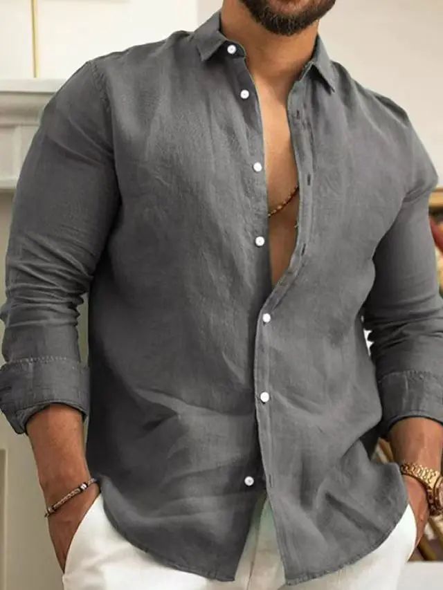 Men's Solid Cotton Linen Long Sleeve Shirt Youth Slim Fit Lapel Tops Casual Handsome Luxury Stylish Shirts & Blouses