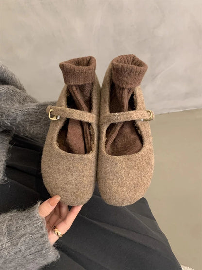 Fashion Square Toe Fleece Flet Ballet Flats Woman Winter Warm Wool Mary Jane Shoes Ladies Brand Design Elegant Plush Loafers