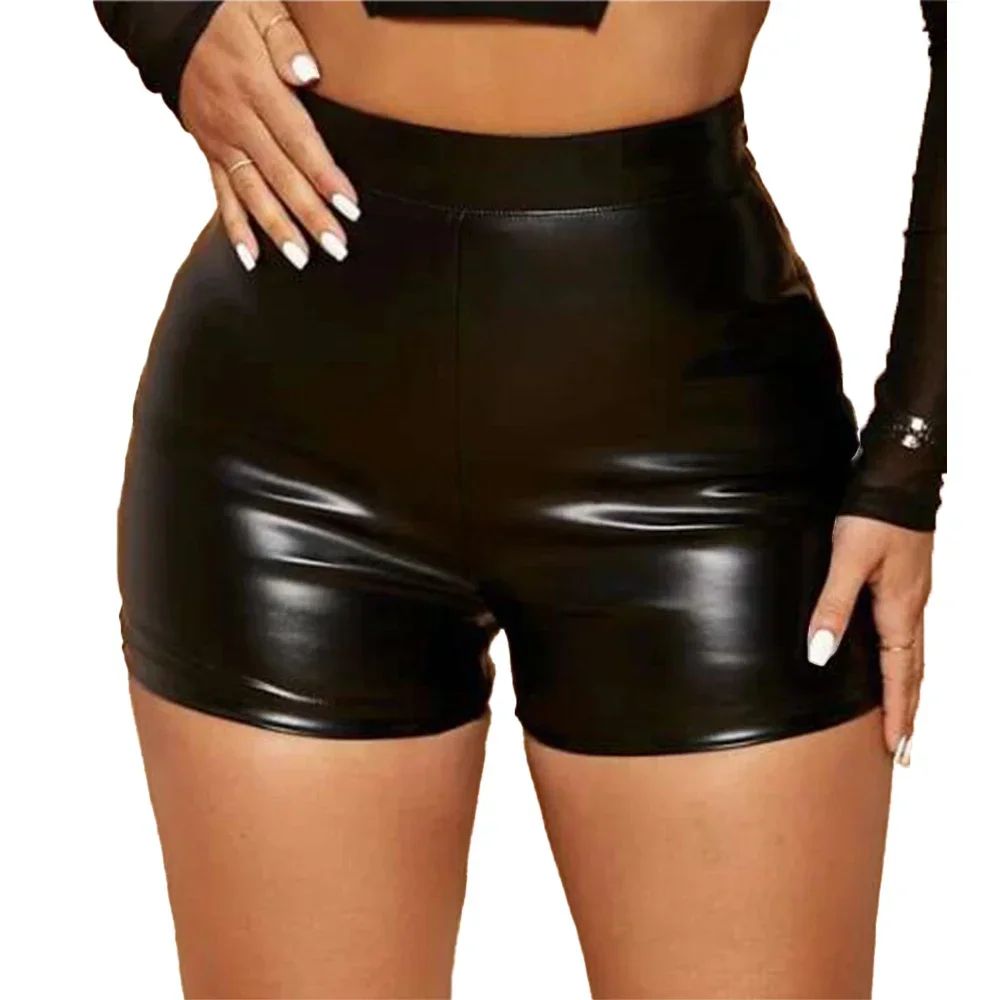 Sexy Women Oily Shiny Faux Leather Shorts Tight Black Pants Seductive Nightclub Party Wear High Waist Mini Shorts Costumes 2025