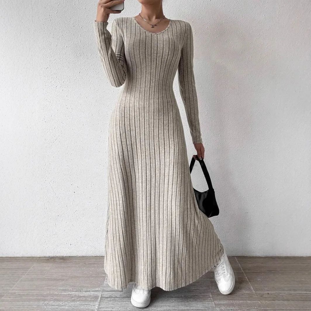 Fashionable Knitted Long Sleeve A- Line Streetwear Dress For Women Smooths And Slims Your Silhouette Solid Color Long Dress