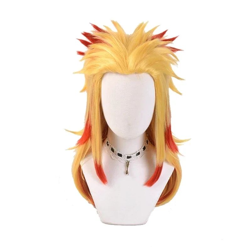 Peruca Cosplay de Demon Slayer Rengoku Kyoujurou Anime Kimetsu No Yaiba Peruca Cosplay Mista de Dourado e Vermelho Sintética Peruca de Cabelo Resistente ao Calor