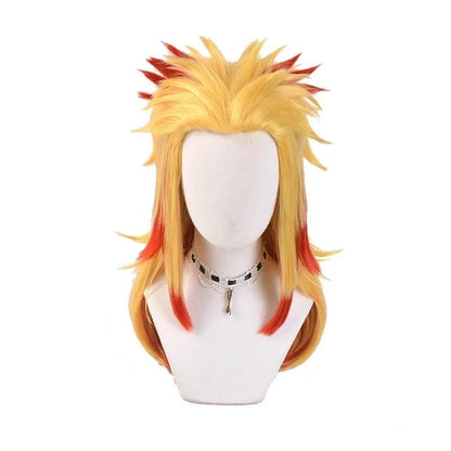 Peruca Cosplay de Demon Slayer Rengoku Kyoujurou Anime Kimetsu No Yaiba Peruca Cosplay Mista de Dourado e Vermelho Sintética Peruca de Cabelo Resistente ao Calor