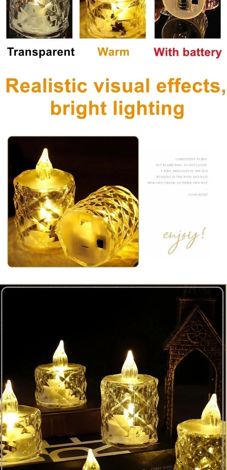 LED Crystal Candle Light with Battery Flameless Candle Light Electronic Night Lamp Dating Party Holiday Home Wedding Decoration