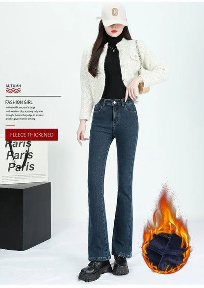 2024 Winter Fleece Women's Flare Pants Retro Slim High Waist Elastic Cotton Thick Warm Denim Pants Fashion Korean Female Clothes