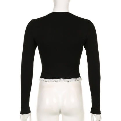 Women Spring Autumn Tops Lace Trim Square Neck Long Sleeve Slim Fit Blouse Gothic Grunge Shirts Y2K Aesthetic Kawaii Clothes