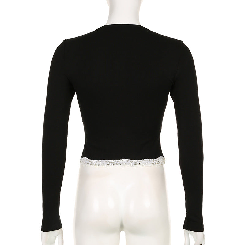 Women Spring Autumn Tops Lace Trim Square Neck Long Sleeve Slim Fit Blouse Gothic Grunge Shirts Y2K Aesthetic Kawaii Clothes