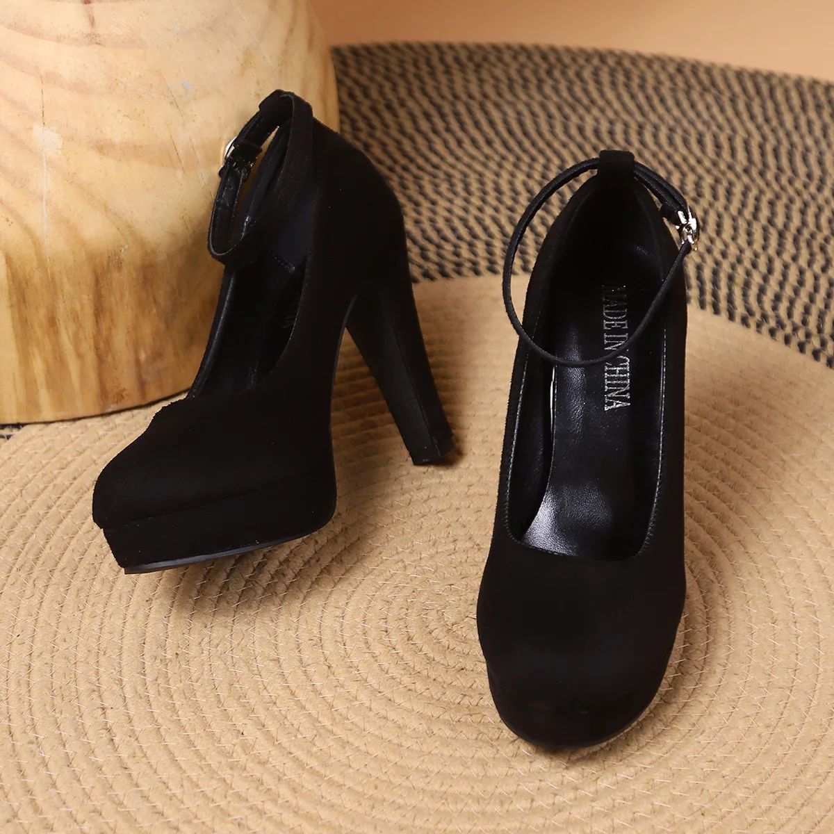 Large Size 42 Sexy Super High Heels Shoes for Women Ankle Buckle Chunky Platform Pumps Woman Black Flock Square Heel Party Shoes
