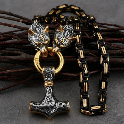 Colar Pingente Martelo Viking Nórdico Retrô Elegante e Requintado com Cabeça de Lobo para Presente de Joias Masculinas Personalizadas