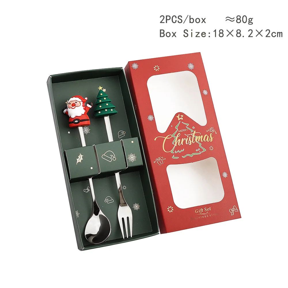 Warm Christmas Gift! Creative Santa Doll Dessert Spoon Fork 2-Piece Set Portable Tableware in Gift Box Sweet Surprise Friends