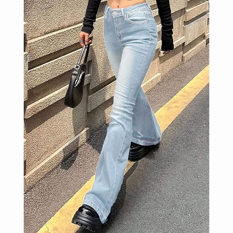 2025 Girls Concise Ins High Waist Flared Jeans Female Stretchy Bootcut Denim Pants Women Solid Color Thin Bell Bottoms Trousers